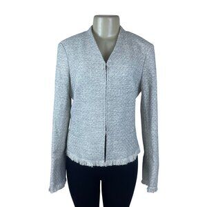 MM.Lafleur Womens Light Gray Tweed Fringe Jacket Open Front Long Sleeve Sz 10